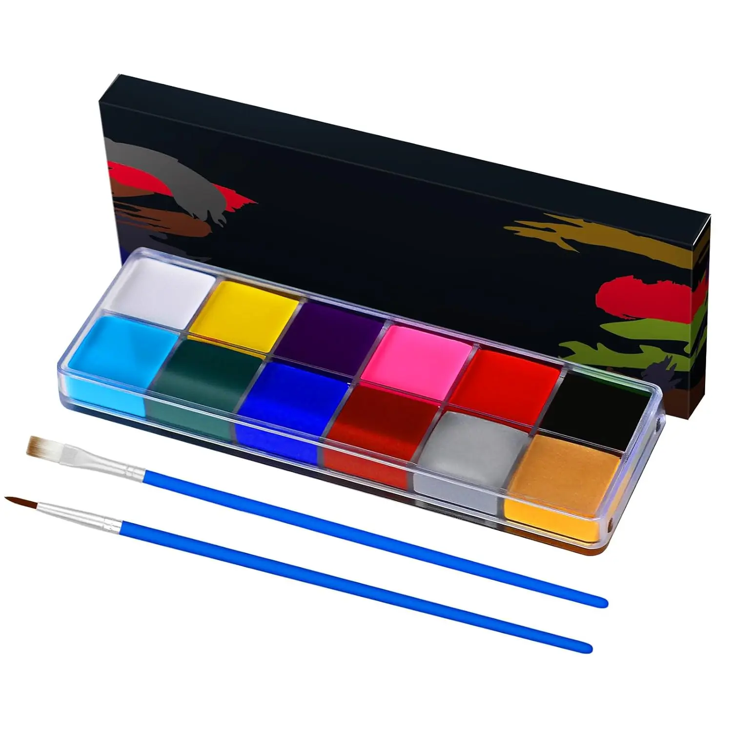 Face Painting Kit for Kids, 12 Colors Oil-Based Face Paint with 2 Brushes, Non-Toxic Halloween Makeup Ki