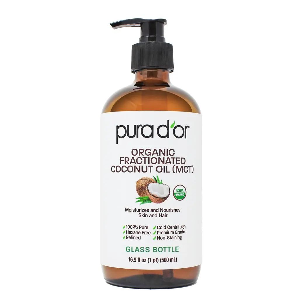 PURA D'OR Organic Fractionated Coconut Oil 16.9oz(500ml) Glass Bottle – USDA Organic Carrier Oil for Hair, Skin & Essential Oils, Lightweight Moisturizer for Dry Skin, Hair Hydration, Massage & DIY Beauty Care