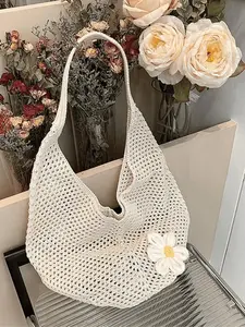 Boho Hollow Out Beach Bag, Large Capacity Shoulder Clutch, Floral Pattern, Casual Style, All Seasons, Women's Fashion Accessory