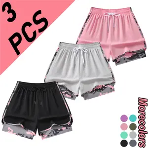 Summer unisex faux two-piece double-layer athletic shorts, 3-pack; quick-drying, breathable, anti-exposure design; camouflage piping and curved hem; versatile for fitness, running, yoga, and multiple wear occasions. fathersdaygift