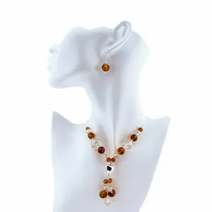 Puffed Heart Sterling Silver Necklace & Earrings Set with Orange Crystals