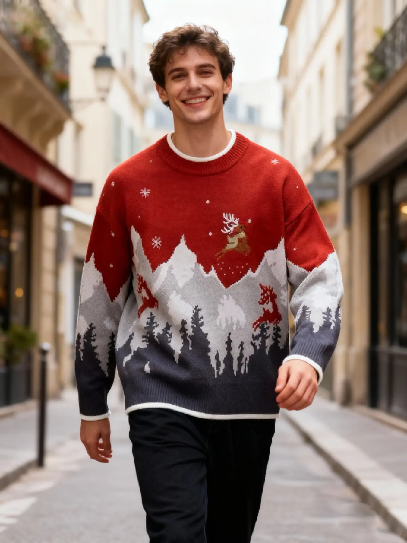 Men's Snow Mountain Embroidered Deer Sweater, Casual Fashion Round Neck Knitwear, Fall Winter New Style, Versatile and Trendy