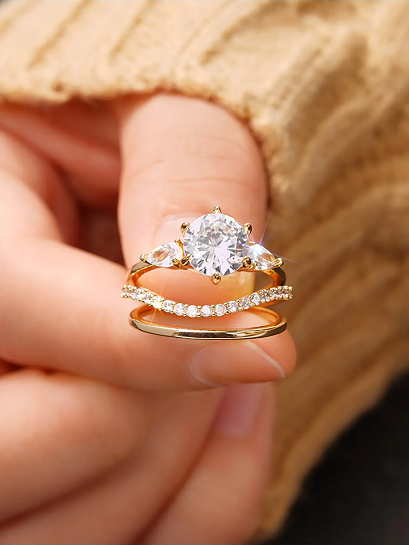 3 Pc/Set Sparkling Geometric Waterdrop Zircon Rings for Women Exquisite Trendy All-match Engagement Wedding Promise Ring Fashionable Ladies Fashion Jewelry for Party Daily Clothing Accessories as Anniversary Birthday Valentine's Day Gift for Girlfriend