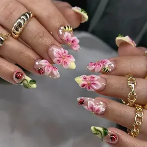 30pcs Summer 3D Flower Almond Press-On Nails, Ladybug Design, Perfect for Dates and Parties, Includes Jelly Glue and File Set