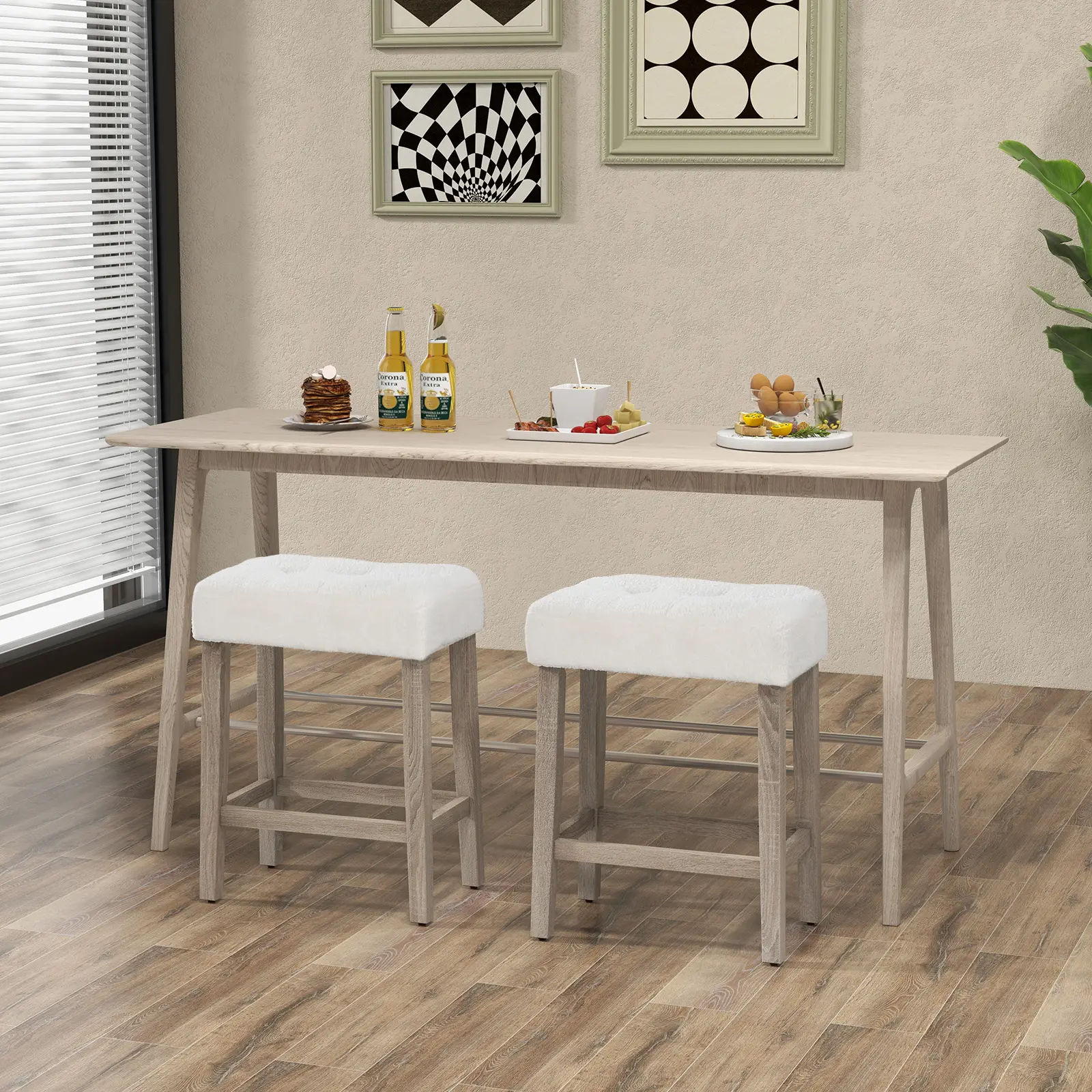 COSTWAY - Modern Counter Height Bar Stools Set of 2 with Rubber Wood Legs-White and Gray
