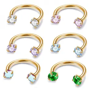 G23 Titanium Steel Hypoallergenic Multicolor Zircon Horseshoe Ring Internal Teeth Double-Headed Nose Ring U-Shaped Nose Stud Ear Cartilage Stud Piercing Jewelry