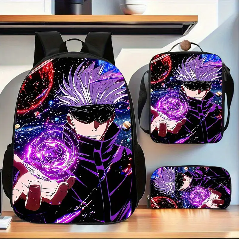 Jujutsu Kaisen Satoru Gojo 3PCS Kids Backpack Set - Waterproof Large-Capacity School Bag with Insulated Lunch Box, Pencil Pouch, Cosmic Galaxy Purple Void Energy Starry Print for Anime Manga Otaku Fans