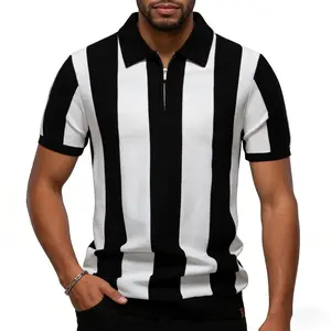 Men’s Striped Knit Polo Shirt Slim Fit Short Sleeve Zip Collar Casual Summer Streetwear Breathable Fashion Top Everyday Outfit Workwear Casual Style