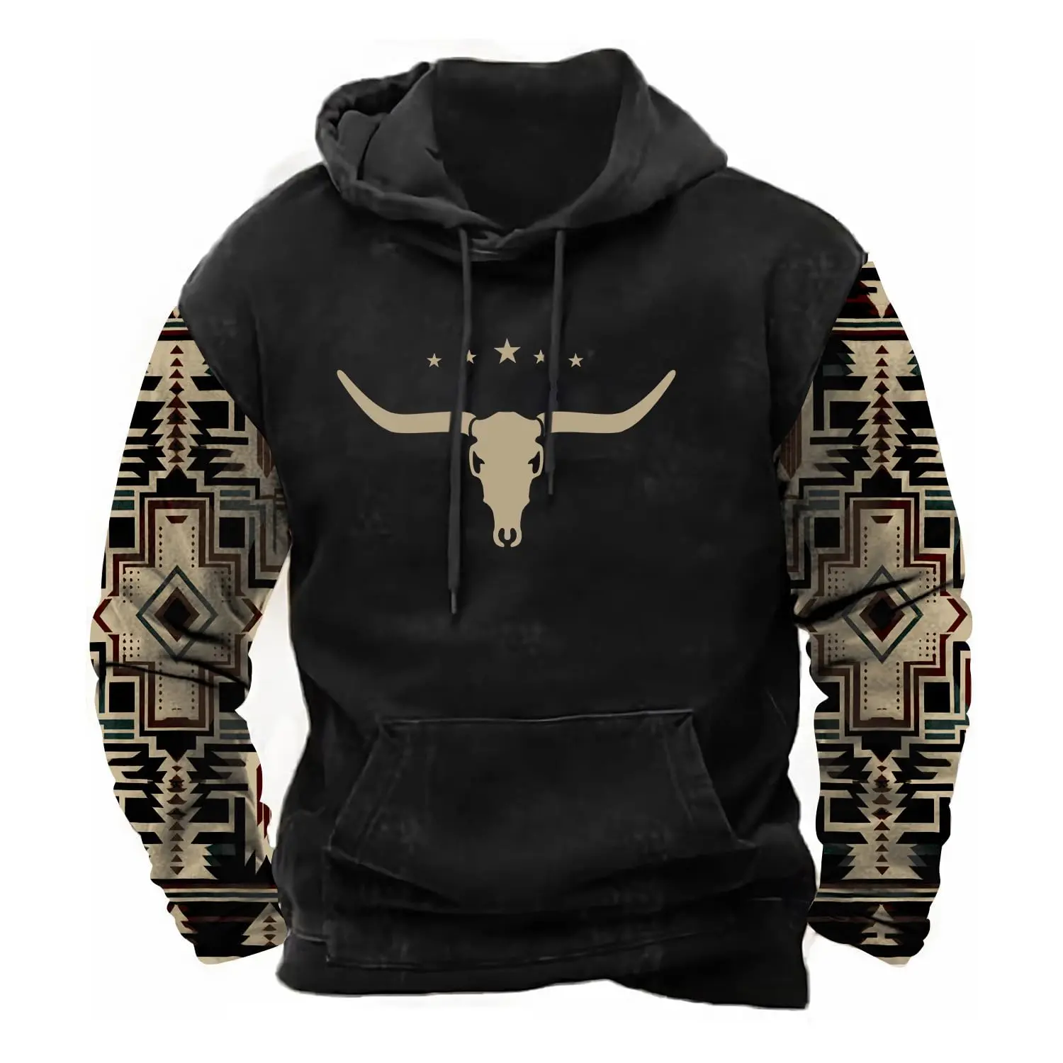 Mens Aztec Hoodie Western Sweatshirt Cowboy Pullover Warm  Casual Long Sleeve Drawstring with Pockets Menswear Soft Stylish Day Jeans Cotton Oversized
