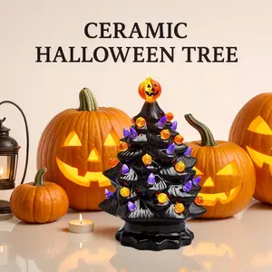9-Inch Ceramic Halloween Tree Hand-Painted with Glowing Purple & Orange Bulbs Battery Operated Tabletop Decor for Any Room Festive Glow Thanksgiving