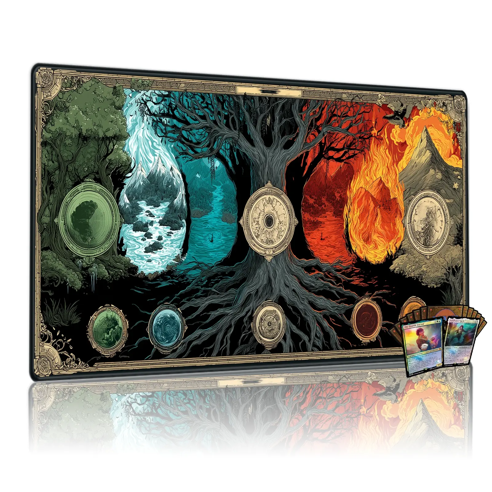 Four Elements World Tree Game Mat, Epic Magic Tabletop Gaming Accessory, Anti-Slip Durable Mtg Playmat, Element Duel Theme Event Pad, Computer Mouse Pad, Mousepad, Gaming Items
