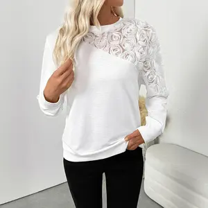 Elegant Rose 3D Floral Decor Long Sleeve Solid Color Sweatshirt Women