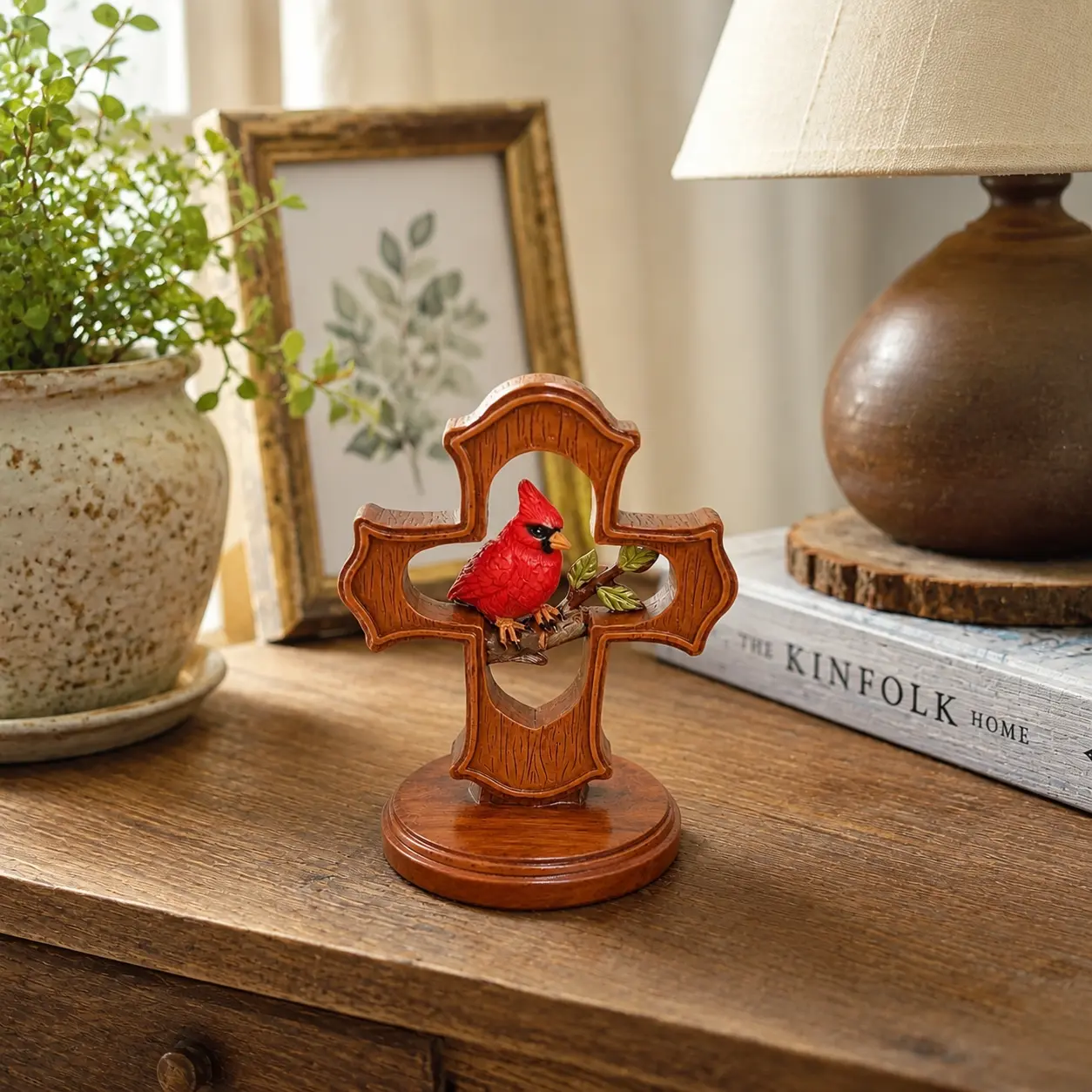 Nordic Style Resin Red Bird Statue Figurine with Wood-Look Finish, Trendy Desktop Ornament, Modern Home Decor Shelf Accent, Interior Decoration Accessory, Ideal Gift for Supplies Enthusiasts