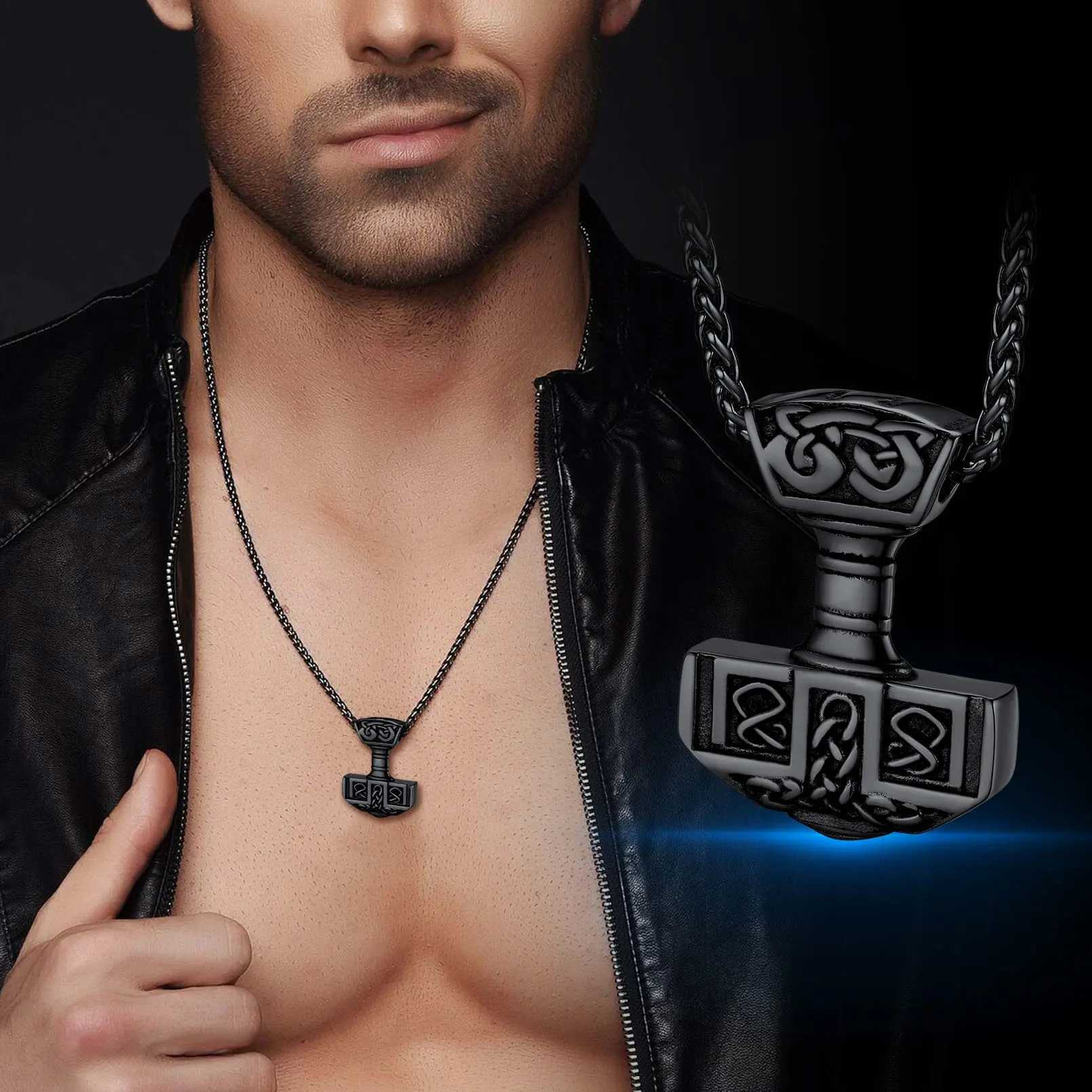 FaithHeart Viking Necklace for Unisex, Stainless Steel Thor's Hammer Mjolnir Pendant, Norse Mythology Talisman Jewelry Gift, Classical Artificial Gemstone Necklaces & Pendants
