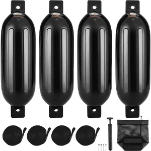Boat Fenders 5.5 X 20 Inches, Inflatable Ribbed Fender With Center Holes, Marine Dock Bumpers For Boat Docking, Includes Air Pump, 4 Needles, 4 Ropes, Storage Bag, Black, Works For Saltwater And Freshwater Boats