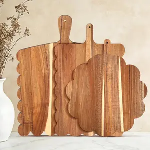 Acacia  Scalloped  Boards Set, Decorative Wooden Charcuterie Boards with Handle for Cheese Pizza Meat Fruit Bread Baking, Cottagecore Farmhouse Kitchen Serving Trays Decor (3, with handle)
