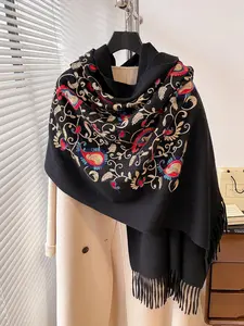 Women's Floral Embroidery Tassel Decor Shawl, 2024 New Style Casual Soft Warm Embroidered Scarf for Fall & Winter, Fashion Accessories for Women & Girls