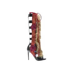 AMINUGAL Women's Elegant Faux Fur Splicing Knee-High Open-Toe Heeled Sandals - Red & Black, Breathable Walking Shoes for Women