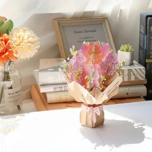 3D Flower Bouquet Pop-Up Greeting Card – Pink Floral Gift Card with Envelope