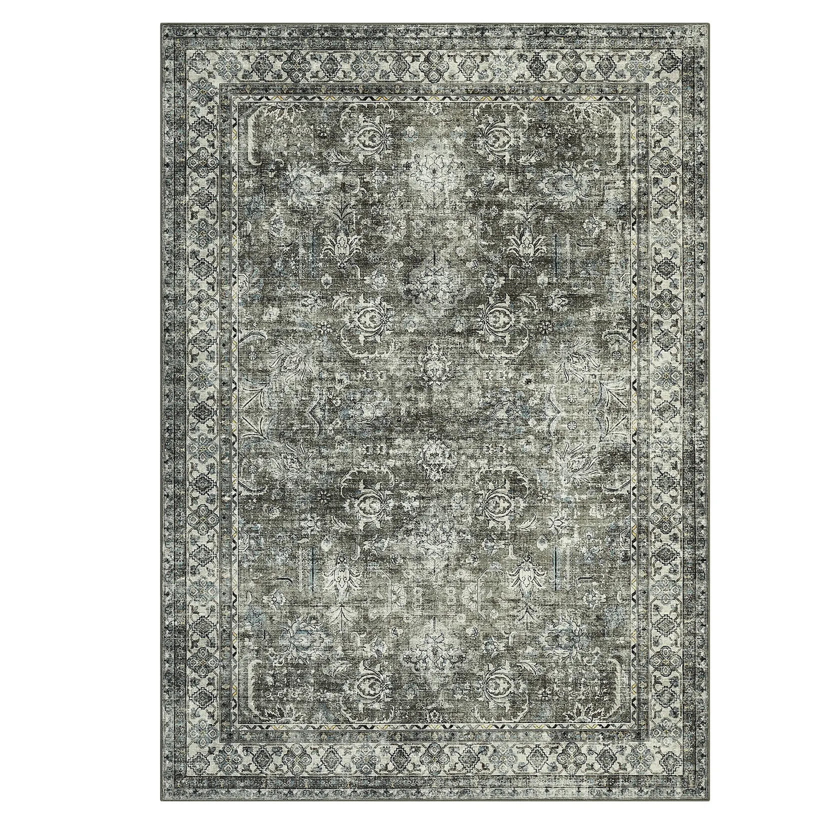 9x12 ft Polyester Vintage-Inspired Boho Style Rug, Brown-Green Rectangular Floral Pattern Persian Rug, Washable Foldable for Hallway Decor, Floral Pattern Rug