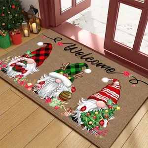 Festive Christmas Gnome Welcome Doormat - 6mm Thick Non-Slip Rubber Backing, Hand Wash Only, 3 Gnomes with Plaid Hats & Seasonal Charms, Durable Polyester Holiday Mat for Winter Home Decor & Christmas Gifts, Gnome Christmas Decorations