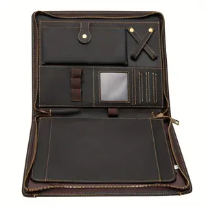 New Business Top-layer Leather Portfolio Zippered Notebook Binder Office Organize