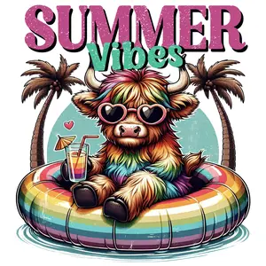 Summer Vibes Highland Cow Direct To Film Print, DTF Print, Ready To Press For T-Shirts