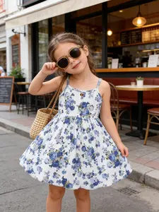 Soft blue rose print! Baby button-front cinched waist cami dress, perfect for beach/picnic photos📸