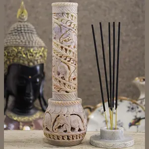 Hand Carved Soapstone Incense Stick Holder | Candle Burner | Tea Light Stand. Elephant Jaali Carving Bottle Shape. Decorative Home and Kitchen Decor - (3x3x10.5 Inches)