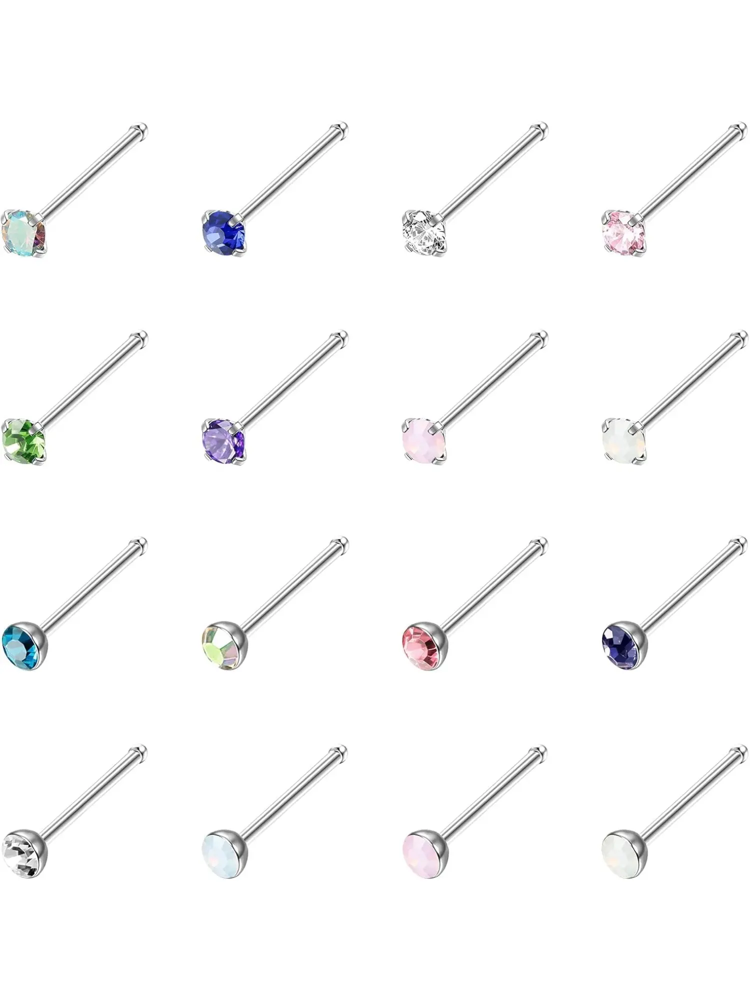 Straight 16 Pcs Colorful Nose Rings Studs Surgical Steel Nose Nostril CZ & Opal Inlaid Rhinestone Nose Ring for Women Men 2mm Screw L Shaped Bone Nose Piercing Jewelry Nose Piercings Kit