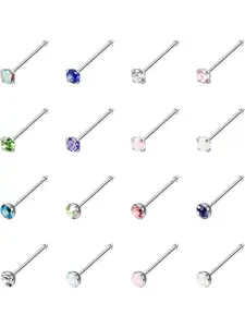 Straight 16 Pcs Colorful Nose Rings Studs Surgical Steel Nose Nostril CZ & Opal Inlaid Rhinestone Nose Ring for Women Men 2mm Screw L Shaped Bone Nose Piercing Jewelry
