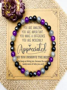 6mm Amethyst Black Obsidian Labradorite Crystal Bracelet, Adjustable Elastic Feng Shui Bracelet for Women Men, Dainty Protection Calm Good Luck Healing Jewelry Gift