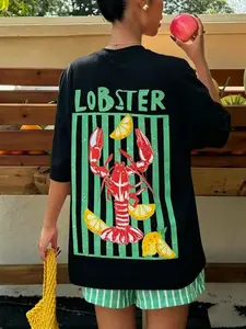 Viral Lobster Print T-Shirt, Soft Tee, Retro Vintage Vibe, Summer Vacation Must-Have, Casual Style
