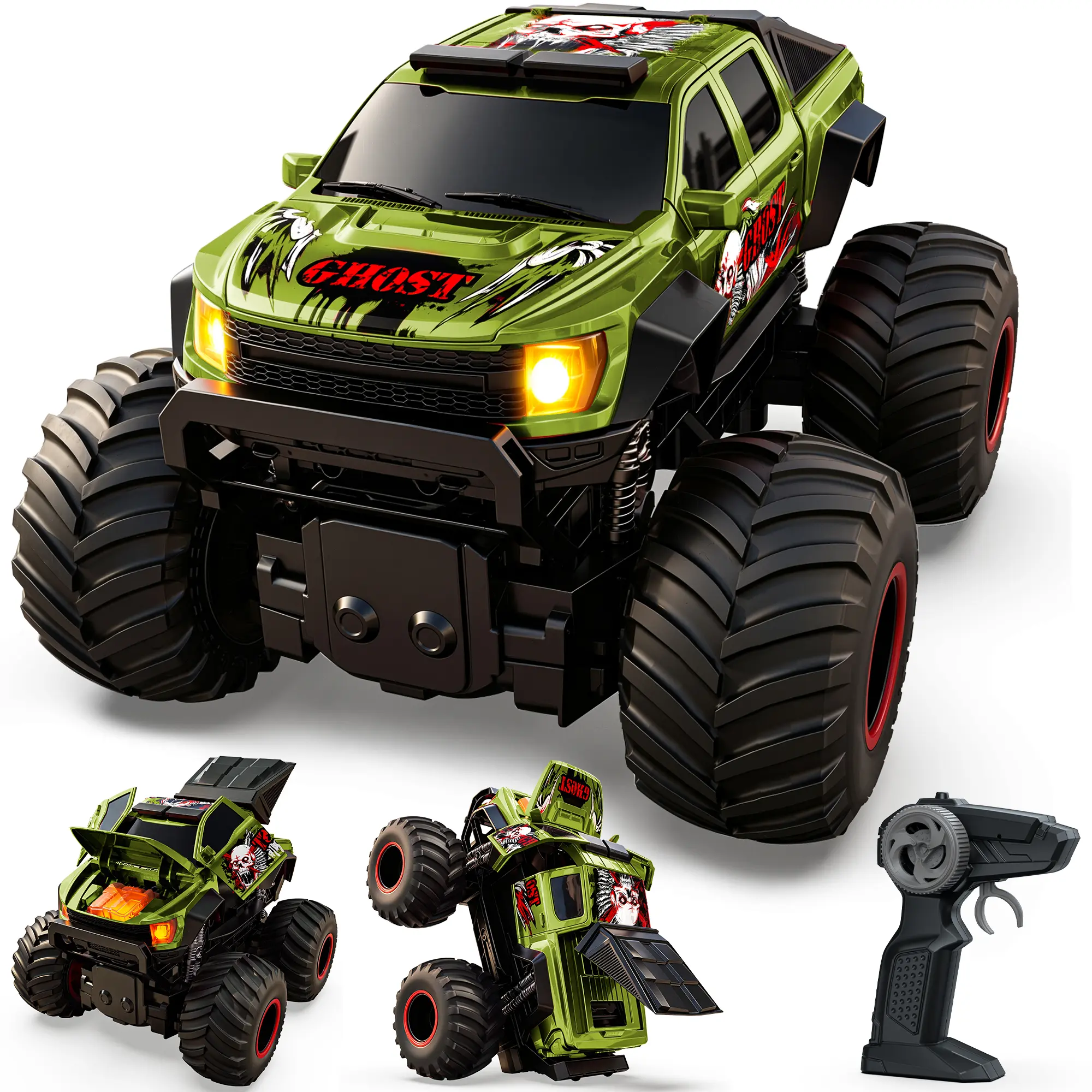 Veeniix Unisex ABS Plastic RC Monster Truck for Kids - RC Controlled Crash-Transform Car, Remote Control Model Vehicle with Mist Spray, 360° Stunt Mode, LED Lights, Sounds, Rechargeable Off-Road Toy (Included Battery) - Birthday Gift for Ages 3-8