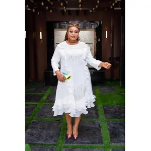 Classy White Waterfall Ruffle Embellished Midi Dress for Wedding Guest Birthday Dinner Party with Rhinestone Details and Flattering Silhouette