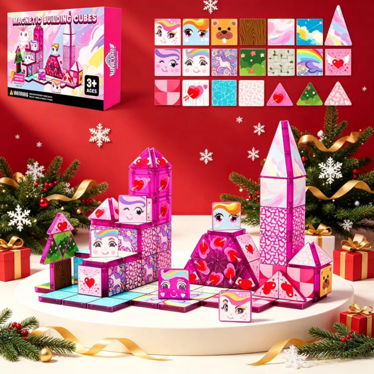 52-Piece Unicorn Magic Magnetic Tile Set, Safe Durable STEM Construction Toy, Compatible with Other Magnetic Tiles for Creative Kids