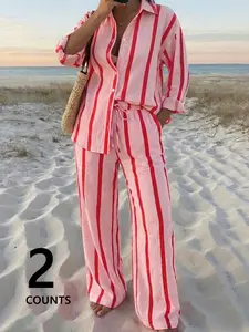 2 Piece Casual Long Sleeve Color Block Striped Loose Fit Set for Women, Perfect for Beach, Vacation, Dates, and Parties, Trendy Summer, Womenswear