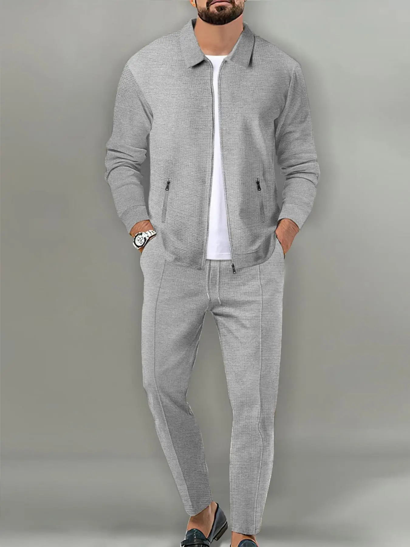 Men's Solid Zip Up Jacket & Drawstring Waist Pants Two-piece Set, Regular Fit Casual Long Sleeve Collared Outerwear & Pocket Trousers for Fall & Winte