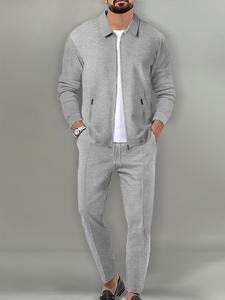 men's solid zip up jacket & drawstring waist pants two-piece set, regular fit casual long sleeve collared outerwear & pocket trousers for fall & winter, men's clothes for daily wear, longsleeves menswear