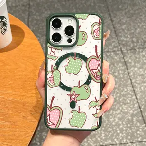 Magnetic Protective Case for iPhone 17 16 E Pro Max 15 Plus 14 13 12 11 XS XR, Aesthetic Cute Green Apple Doodle Print Design | Shockproof, Silicone, Lightweight, Scratch Resistant, and Girly