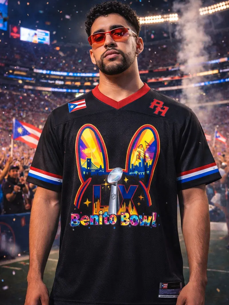 Black Bun Benito Premium Mesh Football Jersey, Puerto Rico Flag Football Jersey Shirt, Latin Music Graphic Half Time Show Concert Jersey Gift for Unisex