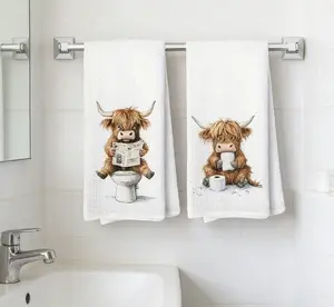HarleyLand 2pcs Scottish Highland Cow Bath & Kitchen Towels - Soft Microfiber Farmhouse Decor With Adorable Highland Cow Print-Cute Toilet Paper Roll Design For Bathroom, Housewarming Gifts, Showers & Scottish-Themed Parties