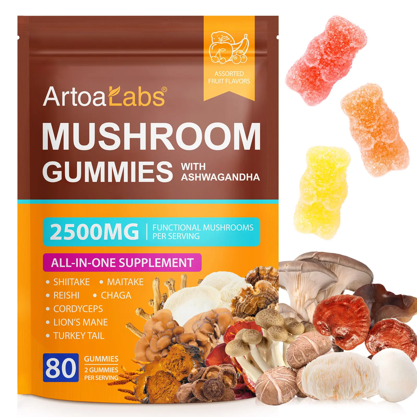 ArtoaLabs 2500mg Chewable Functional Mushroom Gummies - Dairy-Free Healthy & Wellness Supplements with Reishi, Cordyceps, Lion's Mane, Chaga Complex (80 Count, Pack of 1) for Energy Support, Healthy Supplements