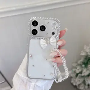Full Diamond Frame Bow Phone Case with Crystal Chain for iPhone 17/16/15/14/13 Pro Max, Fairy Style Aesthetic Clear Protective Cover