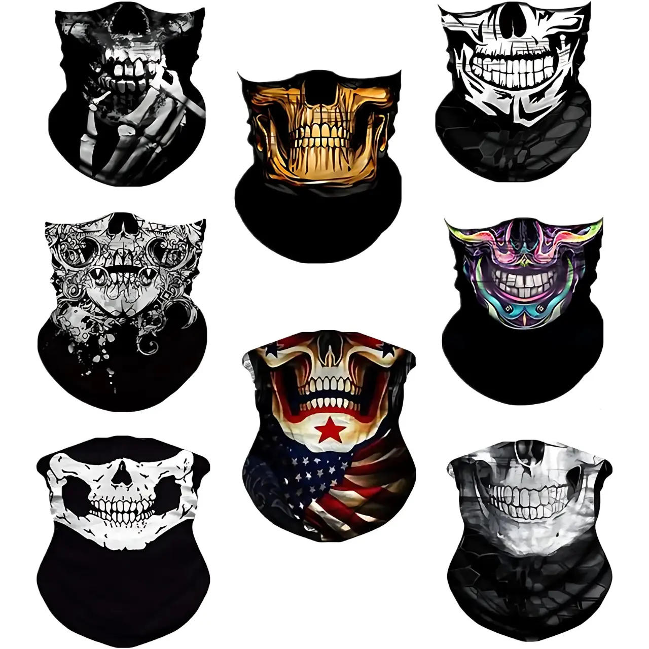 8PCS Skull Face Mask Balaclava Bandana - Biker Motorcycle Headband Neck Warmer & Face Tube for Outdoor Sports - Variety of Designs Breathable Skull Balaklava Mask Pack