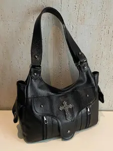 Cross metal buckle shoulder handbag, punk style cool shoulder bag, retro old design shoulder armpit bag, fashionable and versatile, Casual shoulder bag, motorcycle style suitable for daily commuting, shopping and street shooting, etc.