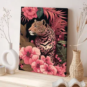 Leopard & Flower Pattern Wall Art, 1 Count Wooden Framed Canvas Painting, Modern Art for Home Living Room Bedroom Decor, Ideal Gift, Ornaments
