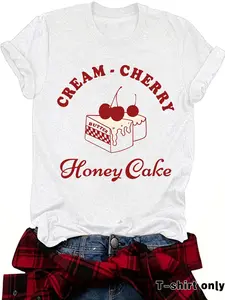 Women's Cherry & Letter Print Round Neck Graphic Tee, Vintage Trendy Casual Short Sleeve T-shirt for Daily Wear, Ladies Summer Clothes