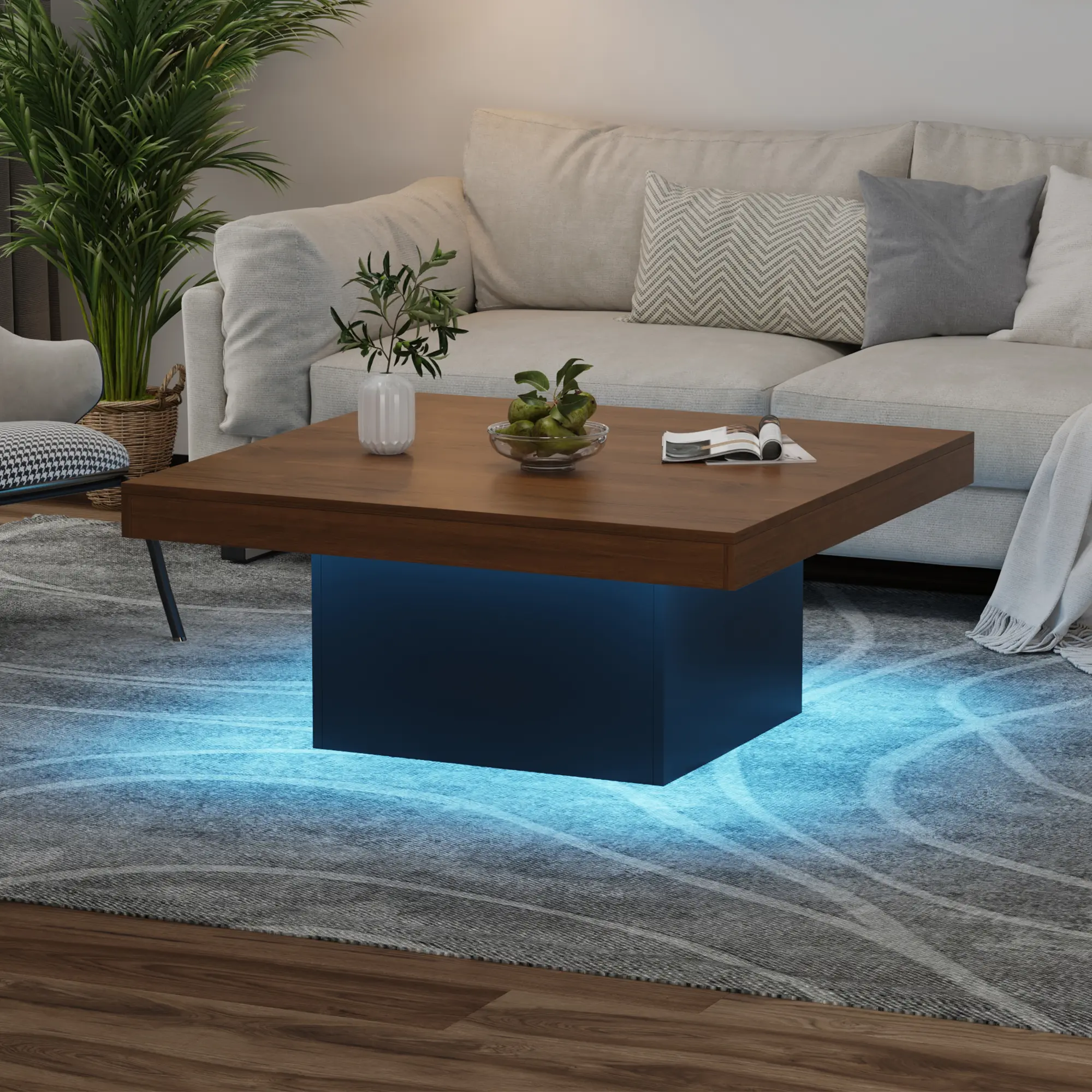 Modern LED Square Coffee Table – 35 Inch Living Room Centerpiece with 16-Color Lights, Minimalist Plug-in Design, Perfect for Home, Office, Apartment, or Reading Room – Brown