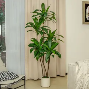 5FT/6FT Artificial Dracaena Tree in White Planter Faux Plant with Realistic Wood Trunk & Lifelike Leaves for Home & Office Decor, Green